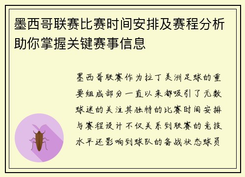 墨西哥联赛比赛时间安排及赛程分析助你掌握关键赛事信息