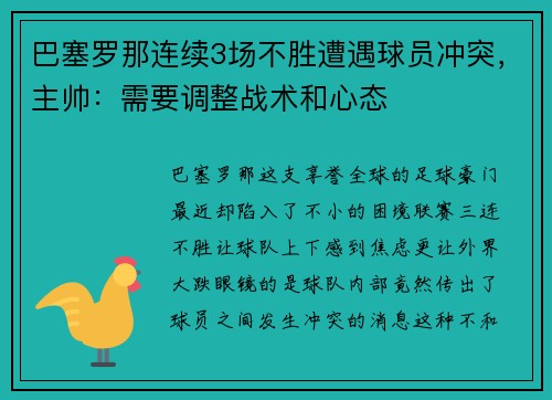 巴塞罗那连续3场不胜遭遇球员冲突，主帅：需要调整战术和心态