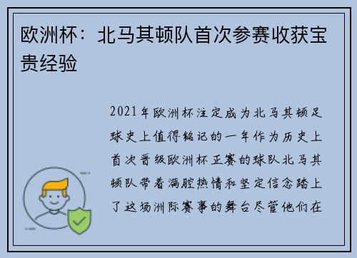 欧洲杯：北马其顿队首次参赛收获宝贵经验