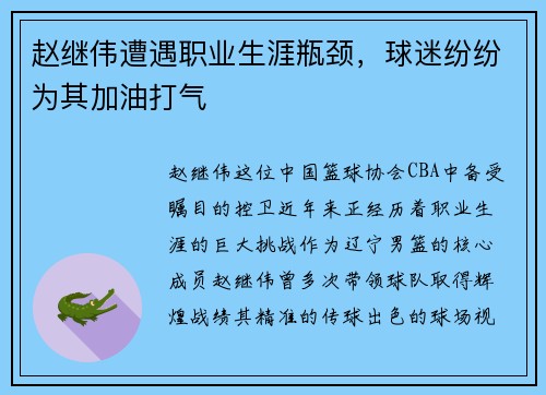 赵继伟遭遇职业生涯瓶颈，球迷纷纷为其加油打气