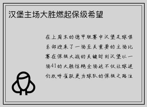 汉堡主场大胜燃起保级希望