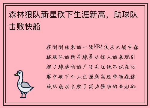 森林狼队新星砍下生涯新高，助球队击败快船